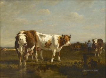 troyon cattle at a watering hole Oil Paintings